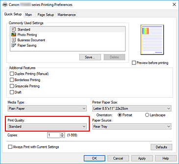 slika: možnost Print Quality na kartici Quick Setup