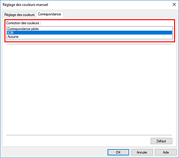 figure : Sélectionnez ICM pour Correction des couleurs dans la boîte de dialogue Réglage des couleurs manuel.