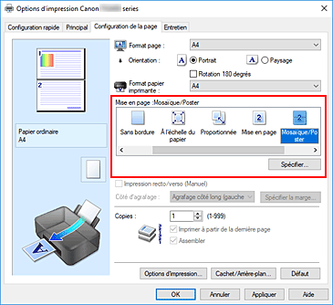 figure : Sélectionnez Mosaïque/Poster comme Mise en page dans l'onglet Configuration de la page.