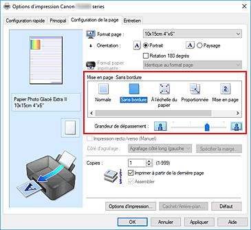 figure : Sélectionnez Sans bordure comme Mise en page dans l'onglet Configuration de la page.