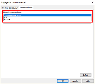 figure : Sélectionnez Correspondance pilote pour Correction des couleurs dans la boîte de dialogue Réglage des couleurs manuel.