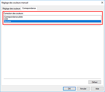 figure : Sélectionnez Aucune pour Correction des couleurs dans la boîte de dialogue Réglage des couleurs manuel.