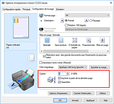 figure : Copies dans l'onglet Configuration de la page