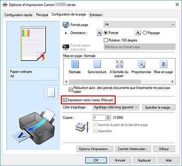 figure : Case à cocher Impression recto/verso (Manuel) dans l'onglet Configuration de la page