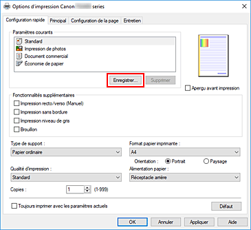 figure : Enregistrer... dans l'onglet Configuration rapide