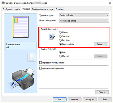figure : Dans l'onglet Principal, sélectionnez Personnalisée pour Qualité d'impression
