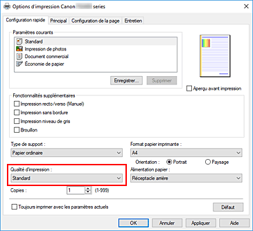 figure : Qualité d'impression dans l'onglet Configuration rapide