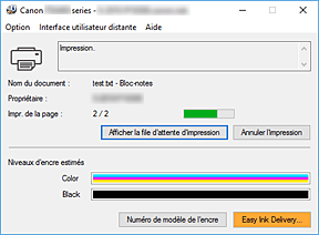 figure : Écran d'état d'imprimante Canon IJ
