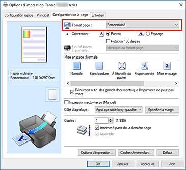 figure : Sélectionnez Personnalisé pour Format page dans l'onglet Configuration de la page.