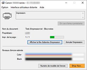 figure&nbsp;: Écran d'état d'imprimante Canon IJ
