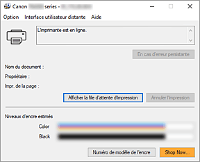 figure&nbsp;: Écran d'état d'imprimante Canon IJ