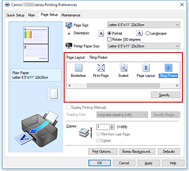 الشكل: تحديد تجانب/بوستر لخيار تخطيط الصفحة في علامة التبويب إعداد الصفحة