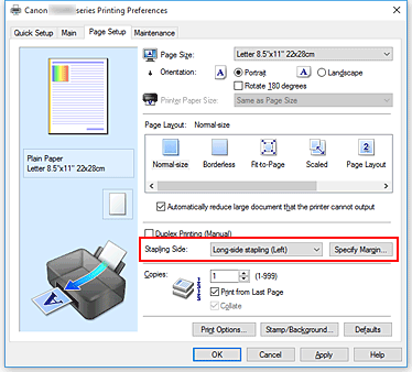 figure:Stapling Side on the Page Setup tab