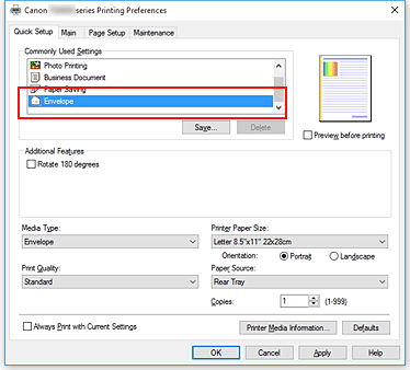 Imagen: selección de Sobre en Configuraciones más utilizadas de la ficha Configuración rápida