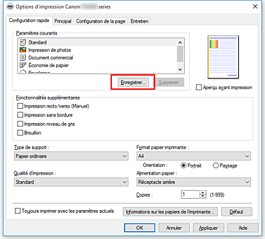 figure : Enregistrer... dans l'onglet Configuration rapide