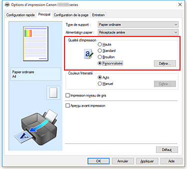 figure : Dans l'onglet Principal, sélectionnez Personnalisée pour Qualité d'impression