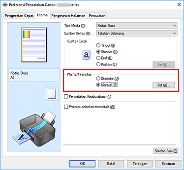 gambar: Pilih Manual untuk Warna/Intensitas pada tab Utama