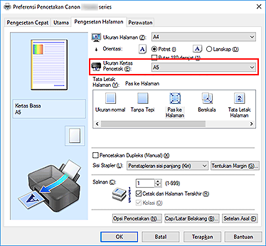 gambar: Ukuran Kertas Pencetak pada tab Pengesetan Halaman