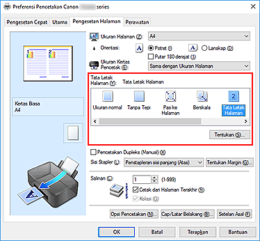 gambar: Pilih Tata Letak Halaman untuk Tata Letak Halaman pada tab Pengesetan Halaman