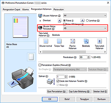 gambar: Ukuran Kertas Pencetak pada tab Pengesetan Halaman