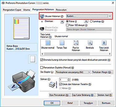 gambar: Pilih Kustom untuk Ukuran Halaman pada tab Pengesetan Halaman