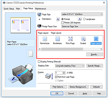 figura: Selecione Layout de Página para Layout de Página na guia Configurar Página