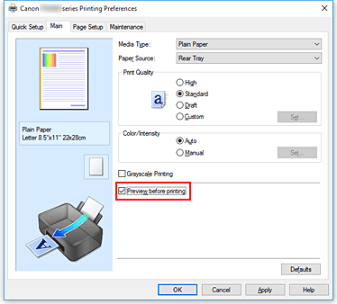 figura:Caseta de selectare Preview before printing de pe fila Main