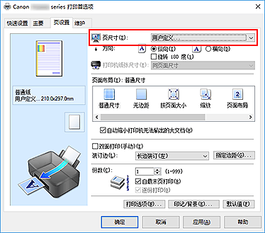 插图：在“页设置”选项卡上的“页尺寸”中选择“用户定义”