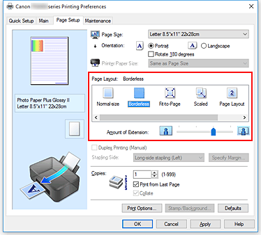 slika: v nastavitvi Page Layout na kartici Page Setup izberite Borderless