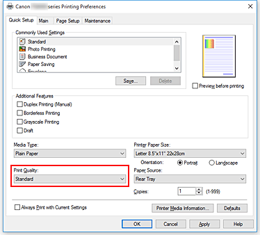 slika: možnost Print Quality na kartici Quick Setup