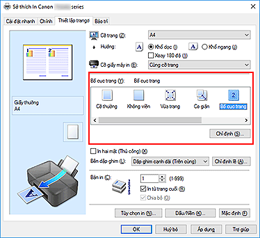 hình: Chọn Bố cục trang cho Bố cục trang trên tab Thiết lập trang