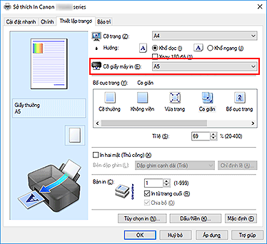 hình: Cỡ giấy máy in trên tab Thiết lập trang