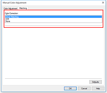 figure:Select Driver Matching for Color Correction in the Manual Color Adjustment dialog box