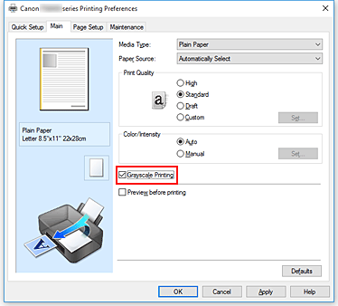 figure:Grayscale Printing check box on the Main tab