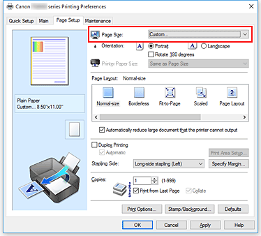 figure:Select Custom for Page Size on the Page Setup tab