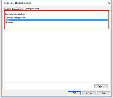 figure : Sélectionnez ICM pour Correction des couleurs dans la boîte de dialogue Réglage des couleurs manuel.