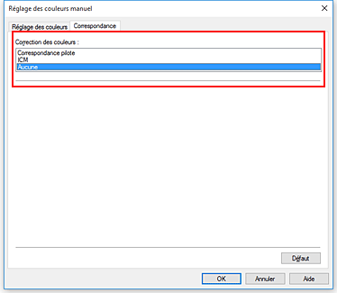 figure : Sélectionnez Aucune pour Correction des couleurs dans la boîte de dialogue Réglage des couleurs manuel.