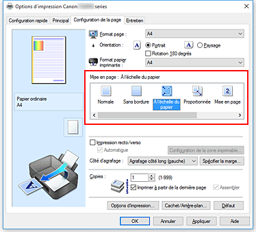 figure : Sélectionnez À l'échelle du papier comme Mise en page dans l'onglet Configuration de la page.