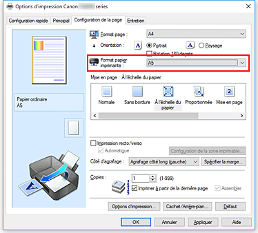 figure : Format papier imprimante dans l'onglet Configuration de la page