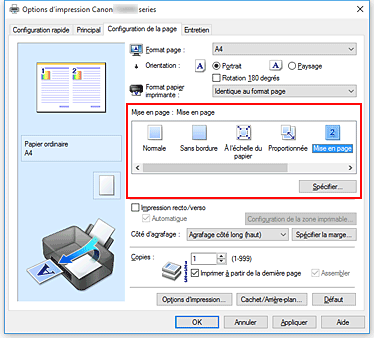 figure : Sélectionnez Mise en page comme Mise en page dans l'onglet Configuration de la page