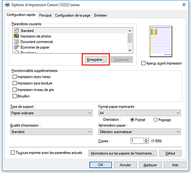 figure : Enregistrer... dans l'onglet Configuration rapide