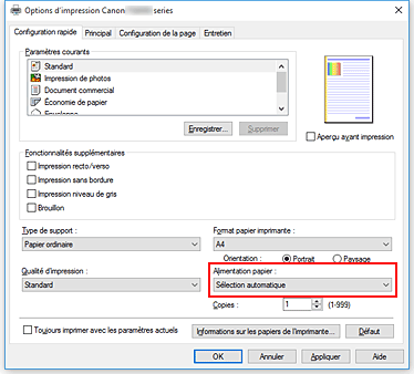 figure : Alimentation papier dans l'onglet Configuration rapide