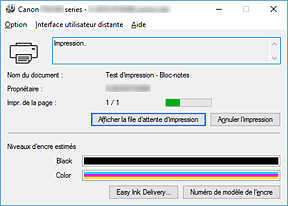 figure : Écran d'état d'imprimante Canon IJ