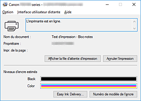 figure : Écran d'état d'imprimante Canon IJ