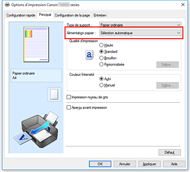 figure : Alimentation papier dans l'onglet Principal