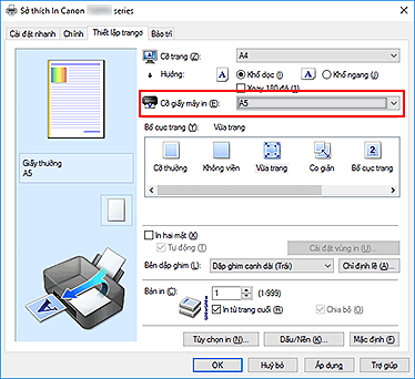 hình: Cỡ giấy máy in trên tab Thiết lập trang