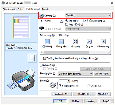 hình: Chọn Tùy chỉnh cho Cỡ trang trên tab Thiết lập trang