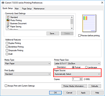 obrázek: nastavení Zdroj papíru na kartě Rychlé nastavení