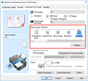 figure : Sélectionnez Brochure comme Mise en page dans l'onglet Configuration de la page.