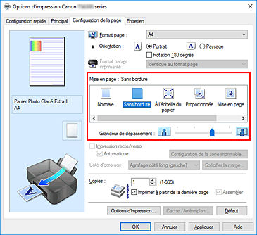 figure : Sélectionnez Sans bordure comme Mise en page dans l'onglet Configuration de la page.